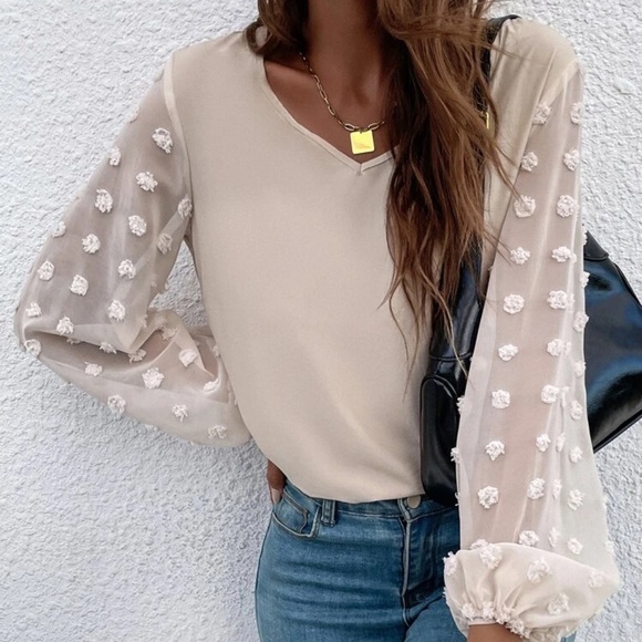 Tops - Long sleeve mesh polkadot v neck top tan cream khaki